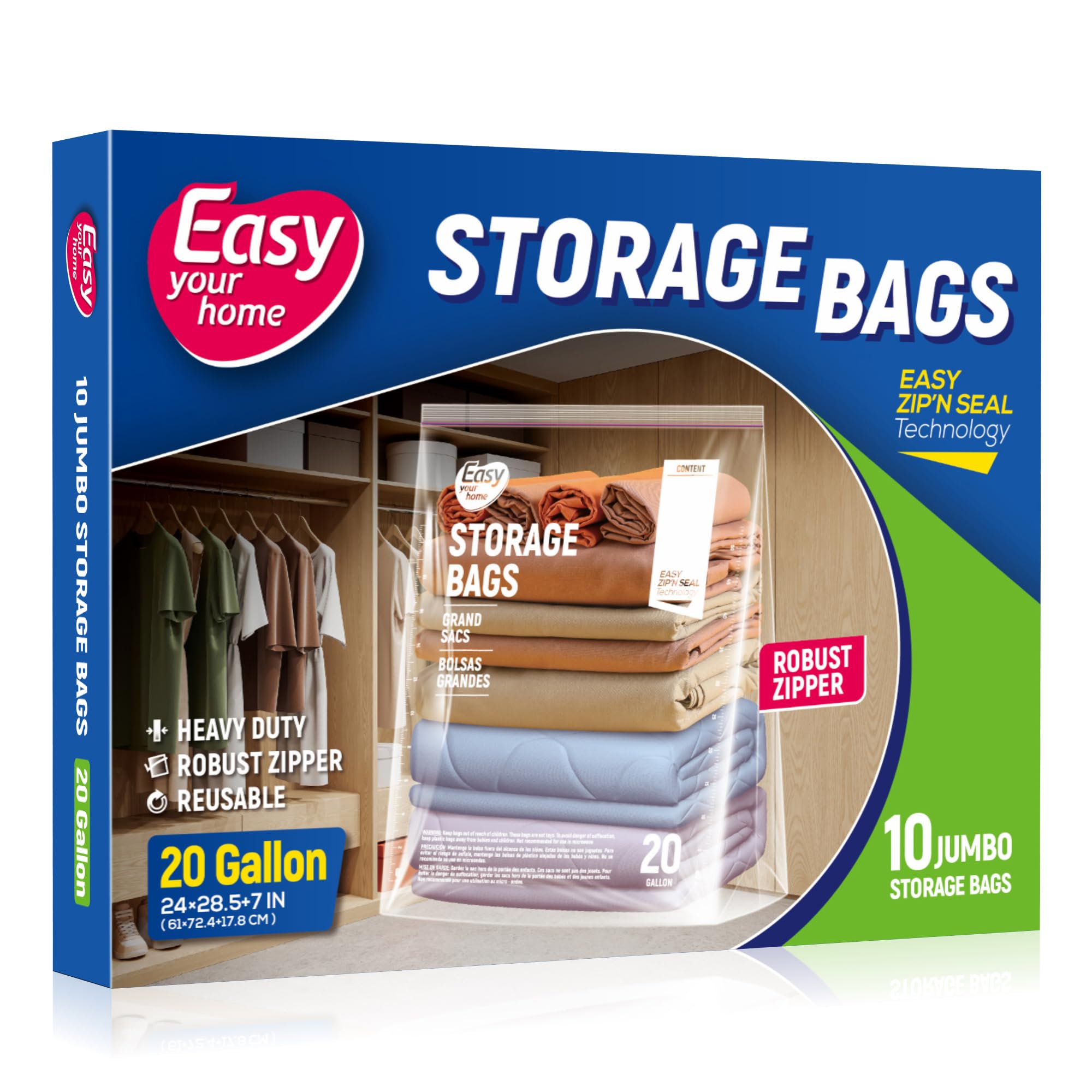 20 Gallon Jumbo Zipper Lock Storage Bags With Zip Top,24" x 28.5"+7",Reusable XXL Size Plastic Bag with Bottom for Food,Clothing,Travel,Moving,