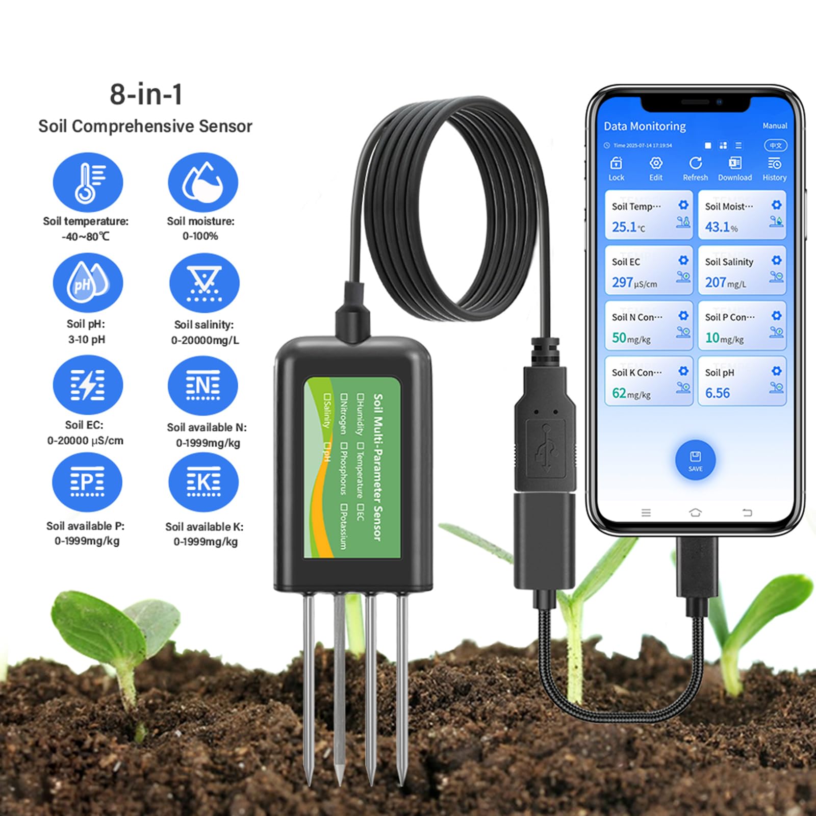Tester gleby ze stali nierdzewnej, podłączony przez USB, integracja aplikacji w czasie rzeczywistym, testowanie wielu parametrów, konstrukcja IP68, wodoodporny tester gleby