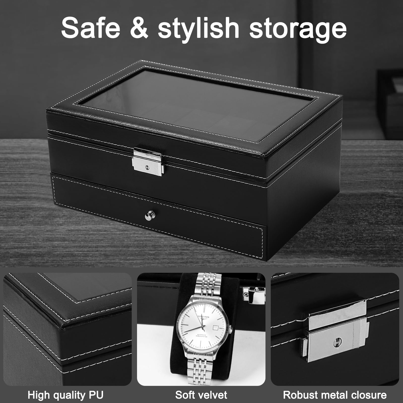 Boîte à montres à 2 couches,Coffret à Montres avec couvercle en verre,Rangement pour Montres en Cuir,12 compartiments et 1 tiroir,pour montres, bagues, bracelets,Boîte de Montre Noir