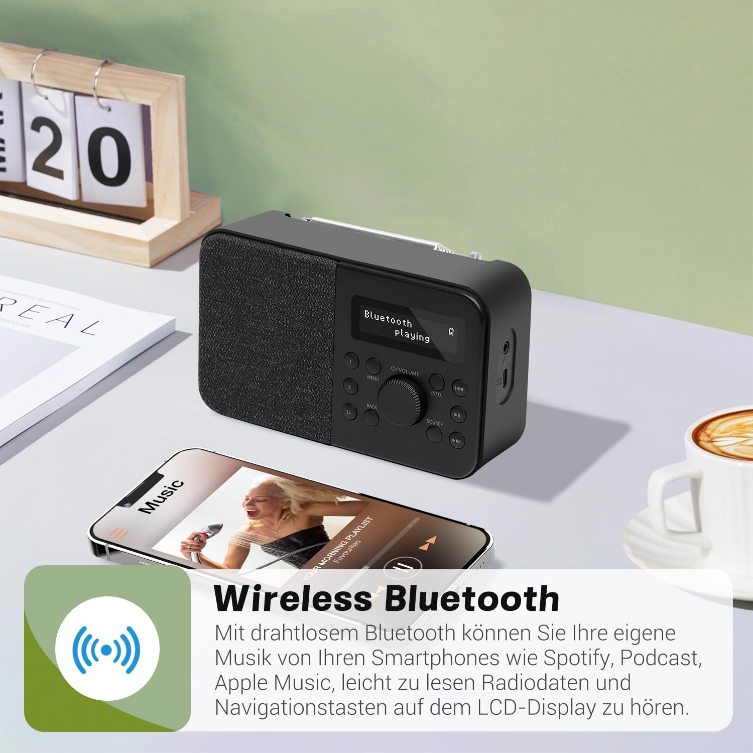 PR2S Tragbares DAB+ Digitalradio,Küchen-FM-Radio,Bluetooth-Lautsprecher,Persönliches DAB-Radio,Display,Alarm & Uhr,40 Preset-Stationen,Kopfhöreranschluss -Schwarz