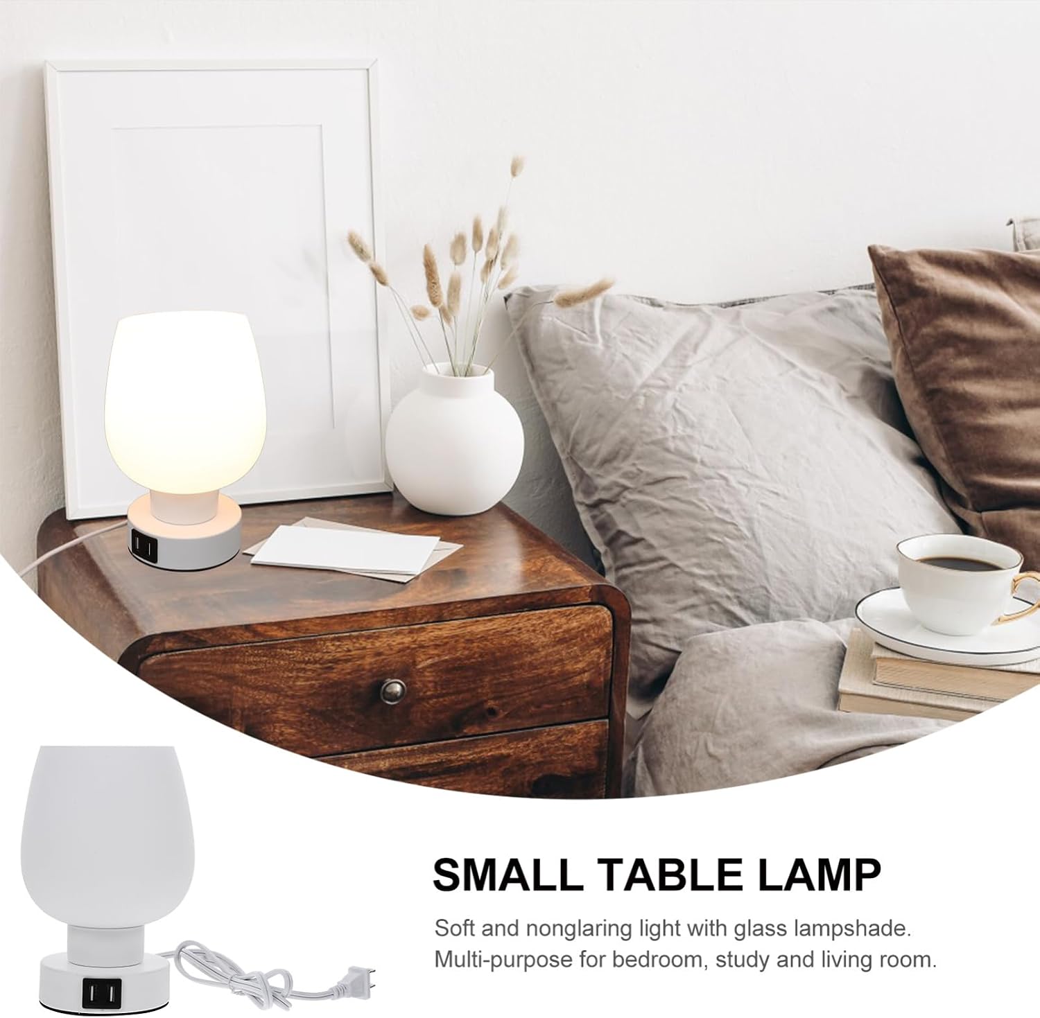 Dimmable Glass Desk Lamp Bedside Lamp for Bedroom Bedside Light USB Port Night Stand