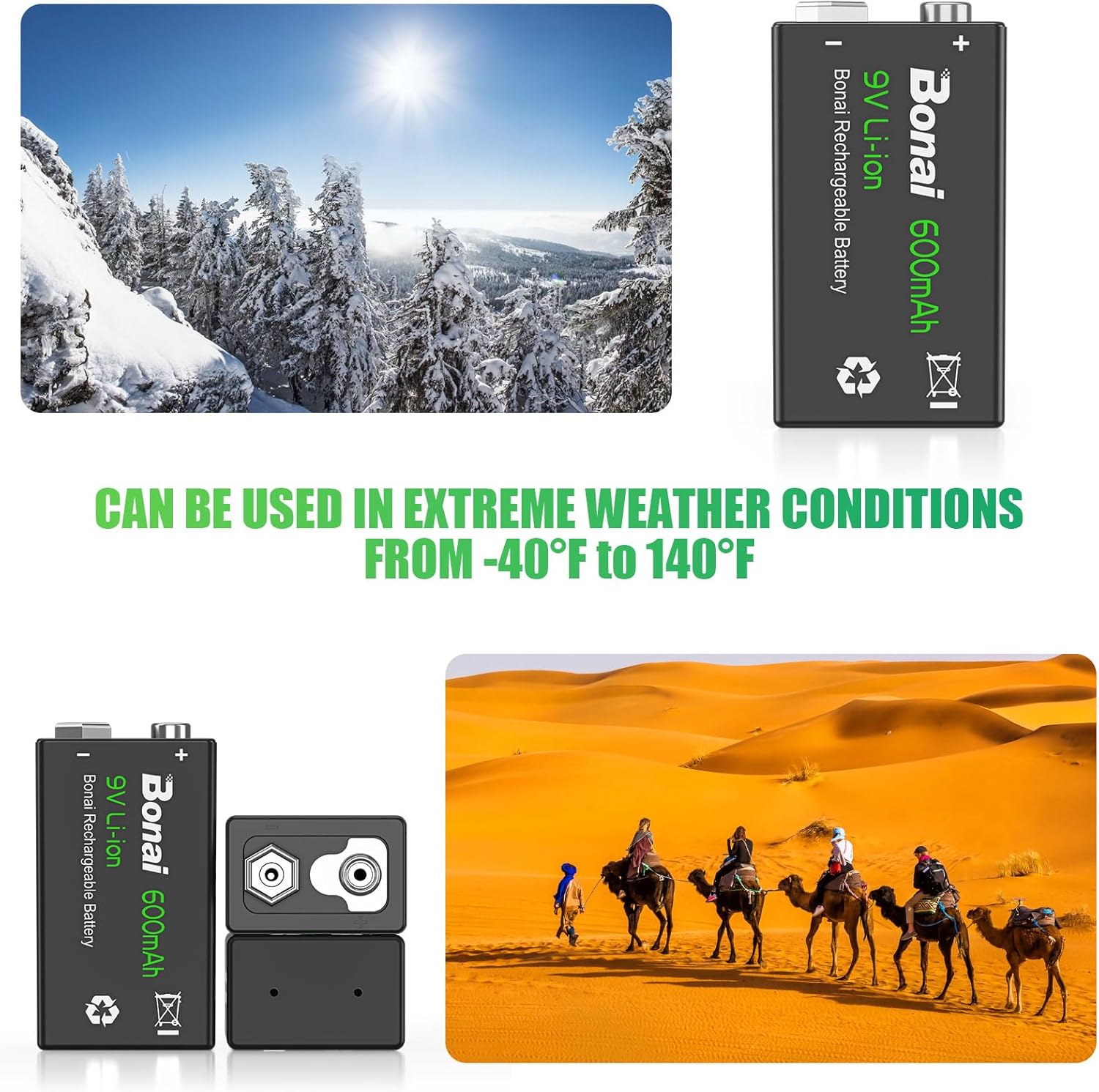 Image showing BONAI 9V batteries usable in extreme weather, from -40°F to 140°F, with snowy mountains and desert scenes.