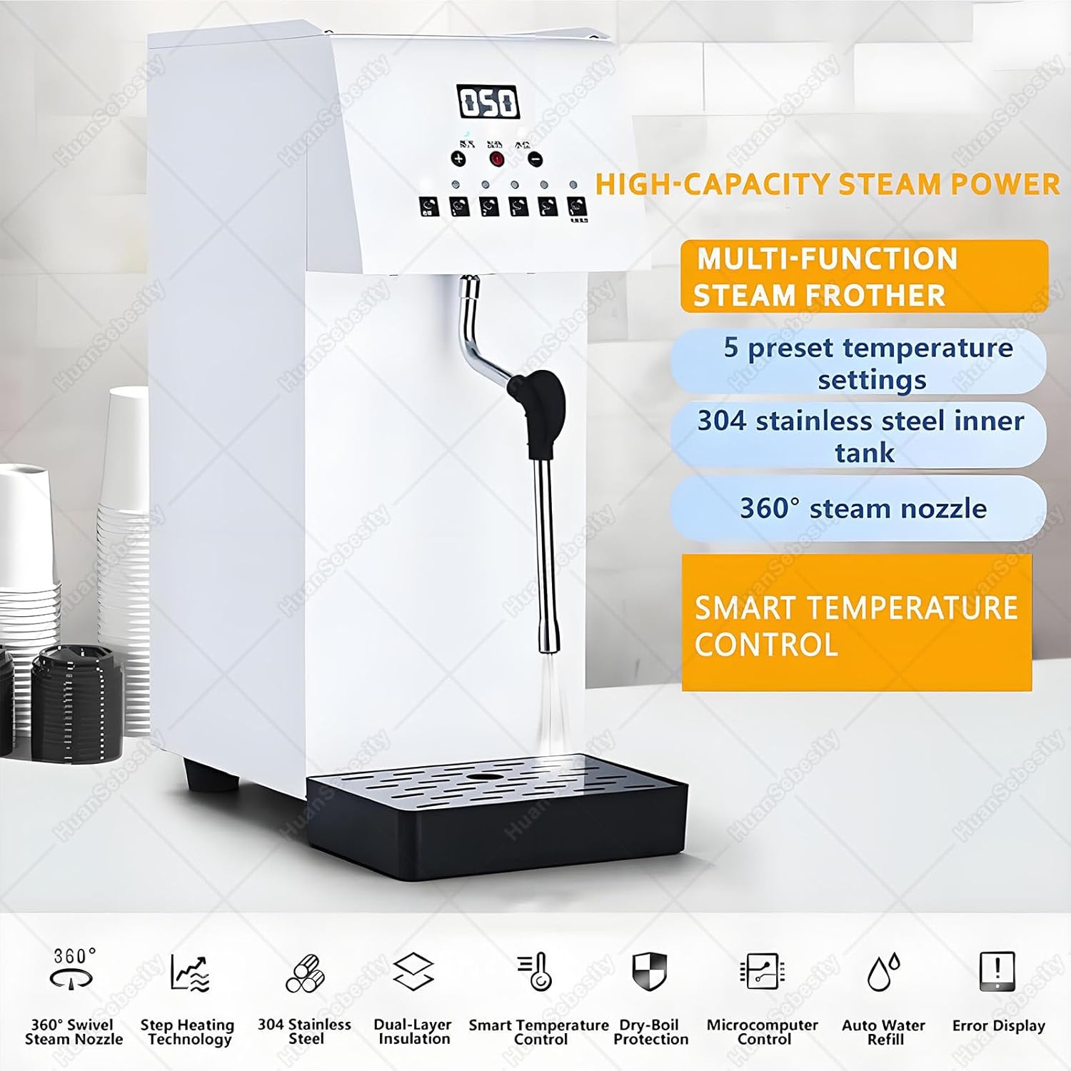 Electric Stainless Steel Espresso Coffee Foam Machine, 2500w Automatic Steam Boiling Water Machine Electric Steam Milk Frothing Machine Espresso Coffee Milk Foam with LED Display