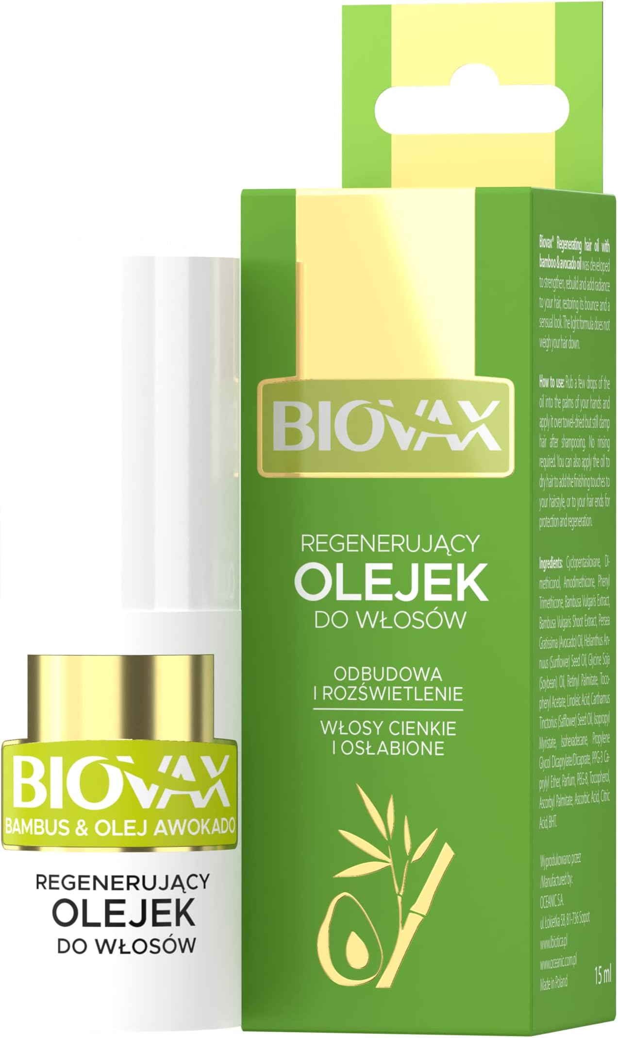 L'BIOTICA BIOVAX BAMBOO & AVOCADO REGENERATING HAIR OIL 15 ml