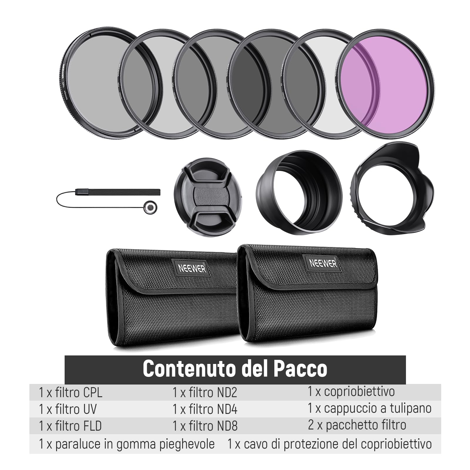 NEEWER Kit di Filtro per Obiettivo da 49mm: UV, CPL, FLD, ND2, ND4, ND8, Paraluce e Copriobiettivo Compatibile con Canon Nikon Sony Panasonic Fotocamere DSLR con Obiettivo da 49mm