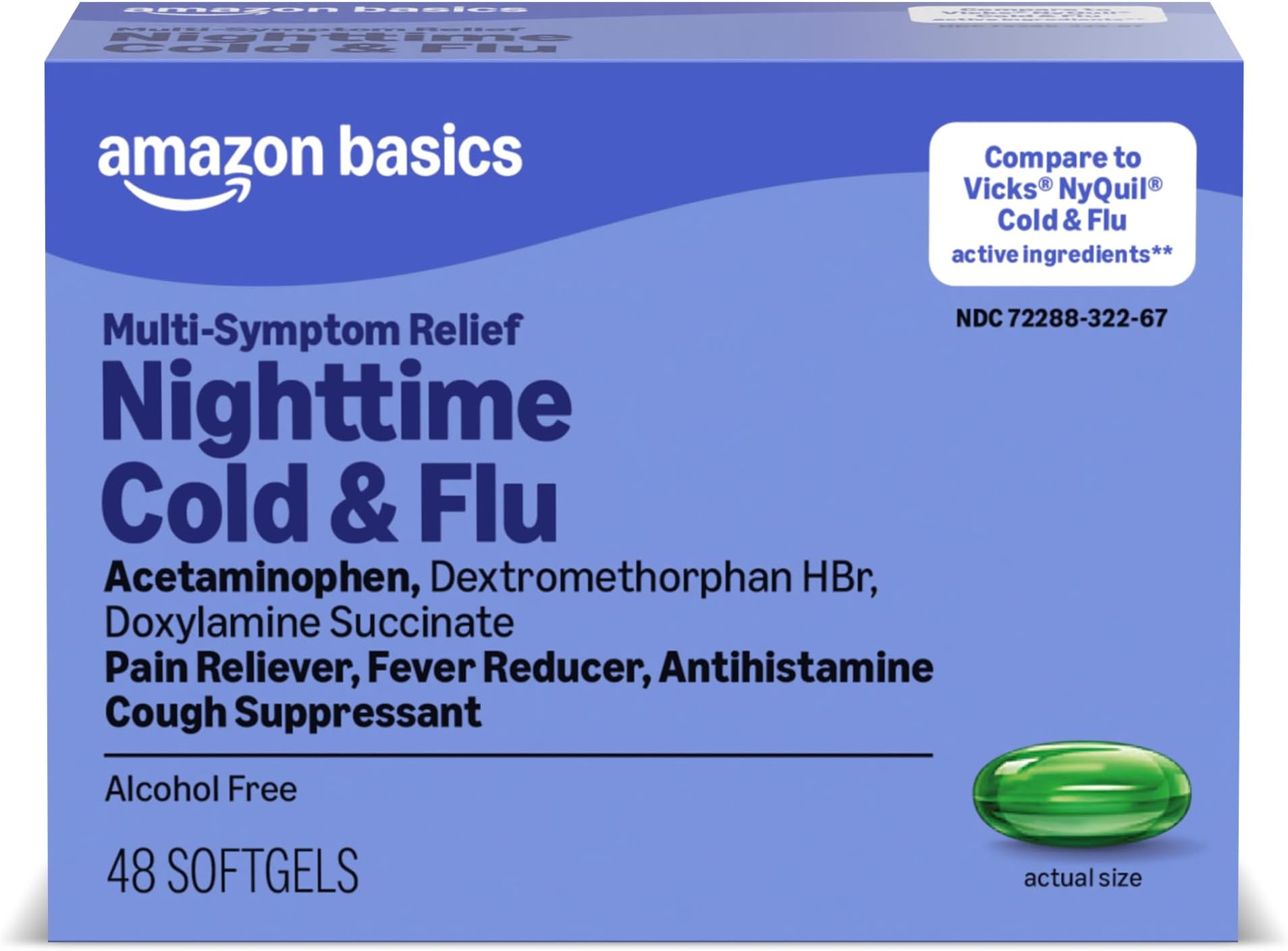 Nighttime Cold and Flu Relief Softgels, 6 Hour Cold Medicine, Relieves Major Flu Symptoms So You Can Rest, 48 Count (Pack of 1) (Previously Amazon Basic Care)