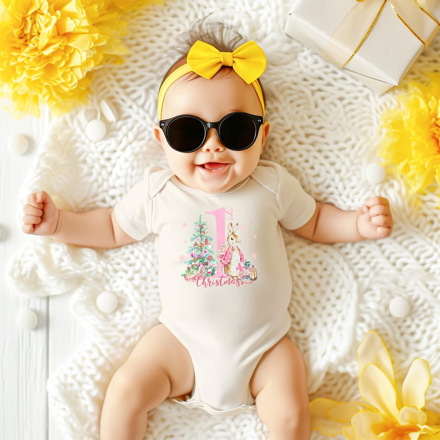 Olive Loves Apple 1st Christmas Bunny Bodysuit for Baby Girl First Christmas Outfit Natural Bodysuit