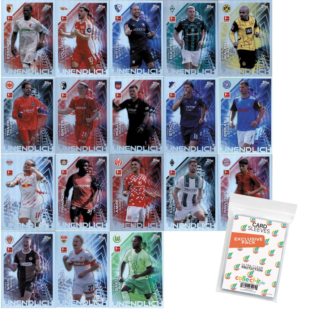 Bundle mit Topps Match Attax Bundesliga - 2024/25 - Alle 18 Unendlich Karten + Exklusive Collect-it Hüllen