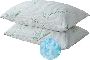 Oreillers en mousse à mémoire déchiquetée HOXXME pour dormir, oreiller en mousse à mémoire de bambou refroidissante 2 pièces, taille reine, oreiller ferme en gel pour soutien du cou, oreiller de repos de qualité hôtelière (ensemble de 2 taille reine)