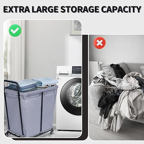 Miniatura 3 de Laundry Cart with Lockable Wheels 2 Section, 240L Large Capacity Commercial Laundry Sorter Rolling Laundry Cart with Sturdy Steel Frame and