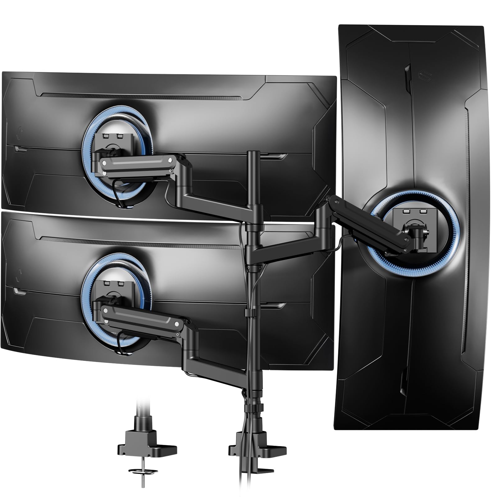 PUTORSEN Supporto per 3 monitor da 17 a 49 pollici, supporto regolabile in altezza con portata di 20 kg per braccio, asta da 80 cm per schermi piatti o curvi, VESA 75/100 mm