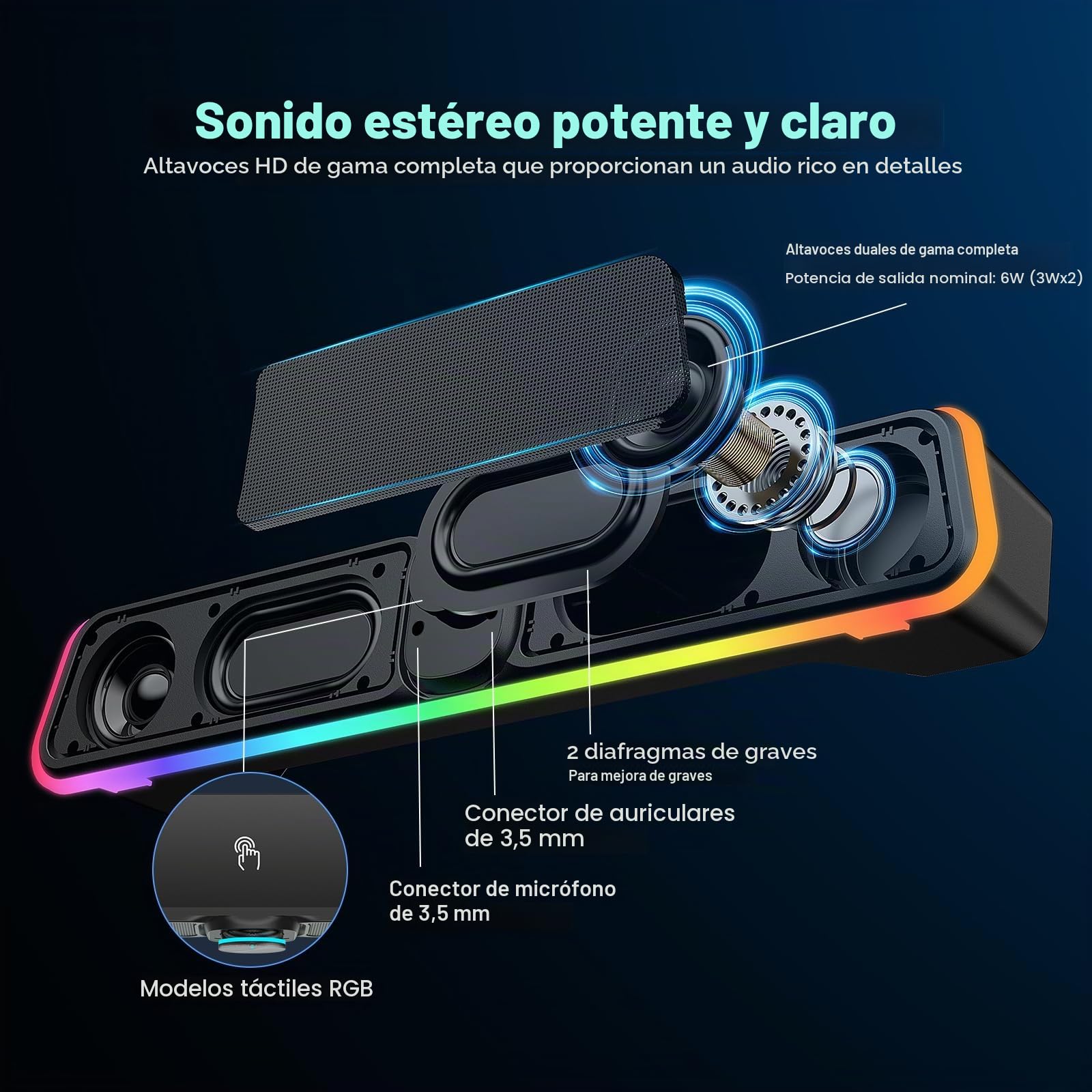 Altavoces para computadora Bluetooth USB RGB Perilla de Volumen portátil estéreo de Alta fidelidad para Monitor de Escritorio, PC, Laptop, tabletas