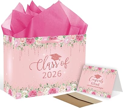 RTMISA 2026 Graduation Gift Bag with Tissue Paper and Card with Envolope Pink Grad Gift Wrapping Bag for Her, Women, Class of 2026 Graduation Party Decorations Supplies