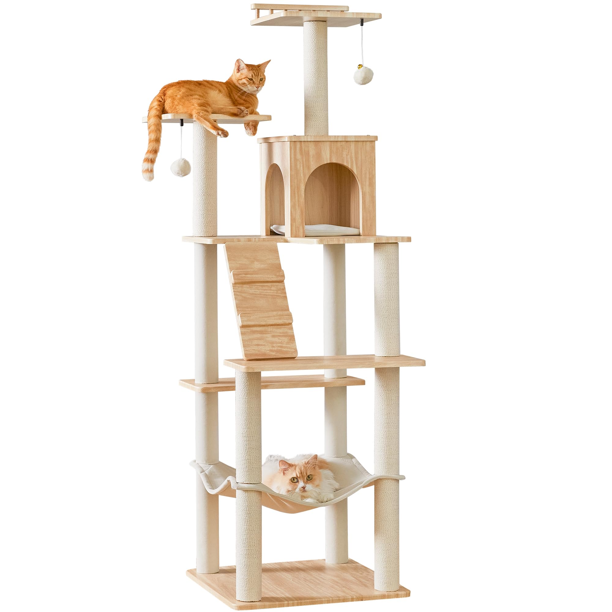 Quuzee Large Modern Cat Tree - 178 cm Tall Cat Tower for Indoor Cats, Multi-Level Cat Condo with 7 Fully Wrapped Scratching Posts,2 Spacious Perches, Hammock, Cozy Pad & Dangling Balls-Light Brown