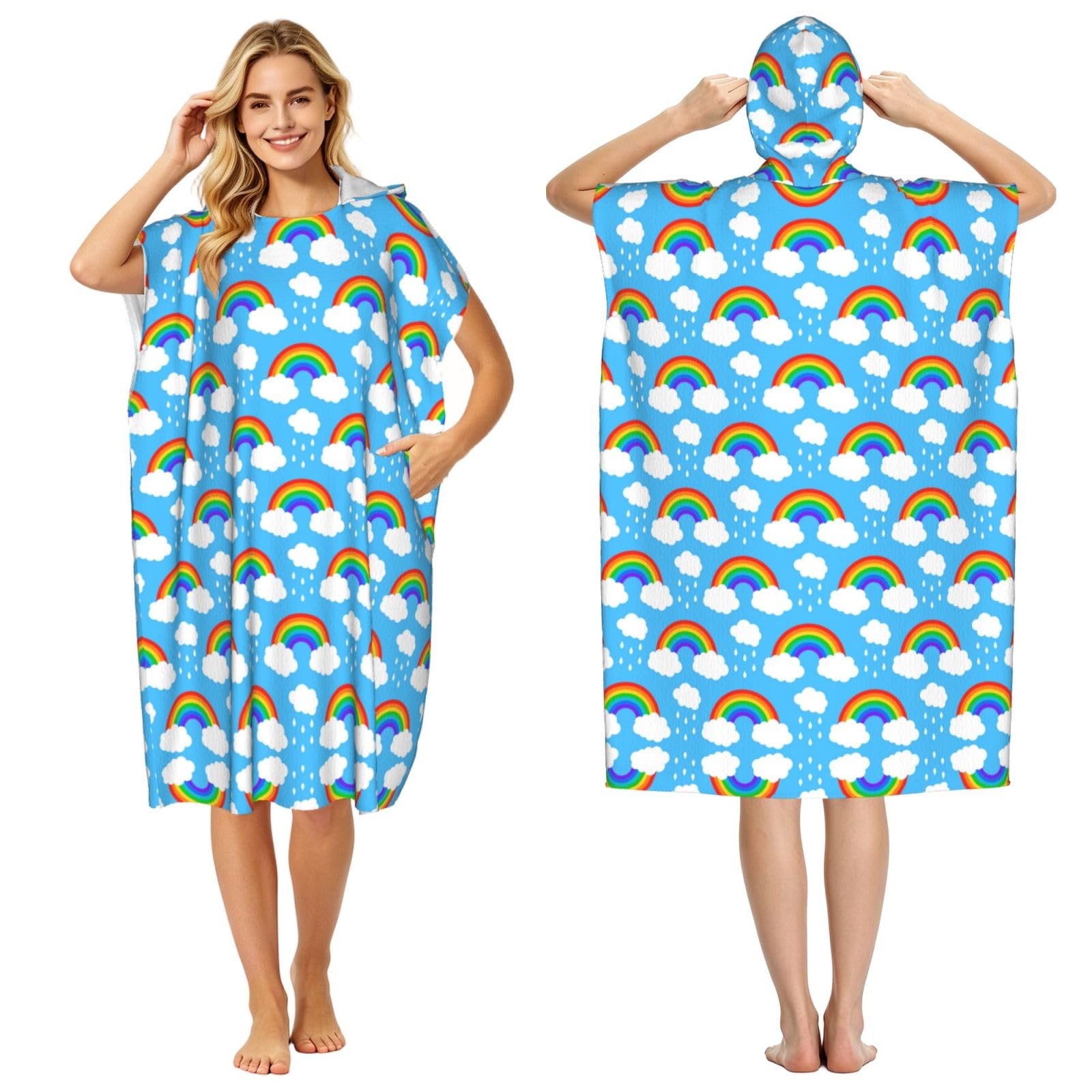 EZDLOWVBA Rainbow Clouds Raindrop Print Hooded Poncho Microfiber Beach Towel,Adult Women & Men Changing Robe,Lightweight Summer Surf Swim Bath Poncho Towel