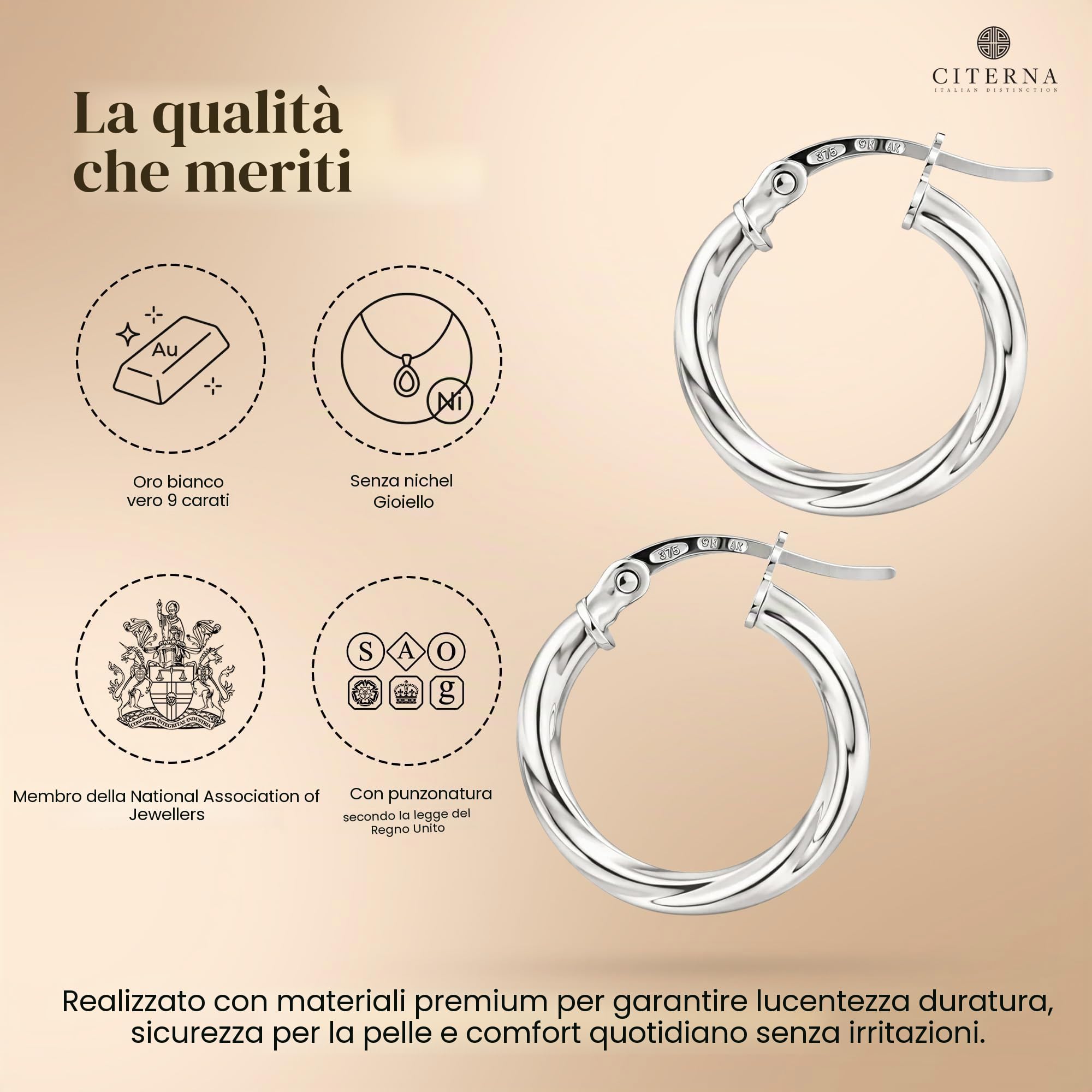 Orecchini a Cerchio da Donna, Oro Bianco
