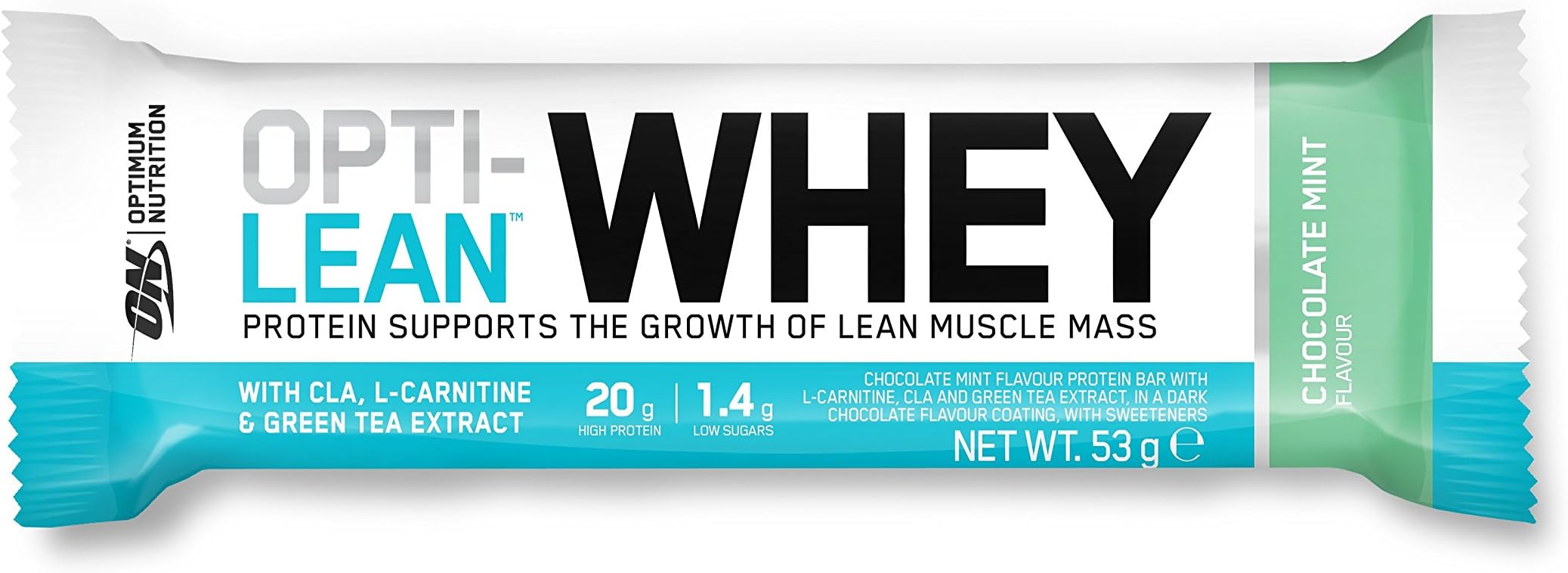 Optimum Nutrition Opti-Lean Whey Protein Bar with CLA, L-Carnitine and High Fibre. Low Sugar Protein Bar by ON - Chocolate Mint, Pack of 12, 53g