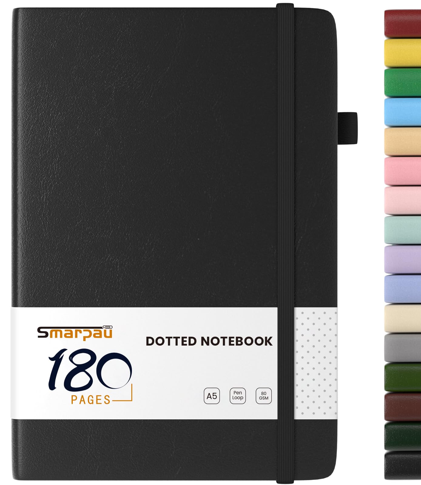 Smarpau A5 Dotted Journal Notebook, 180 Pages Hardback Dot Grid Notebook with Thick Paper, Leather Notepad for Office School Travel Writing, Black