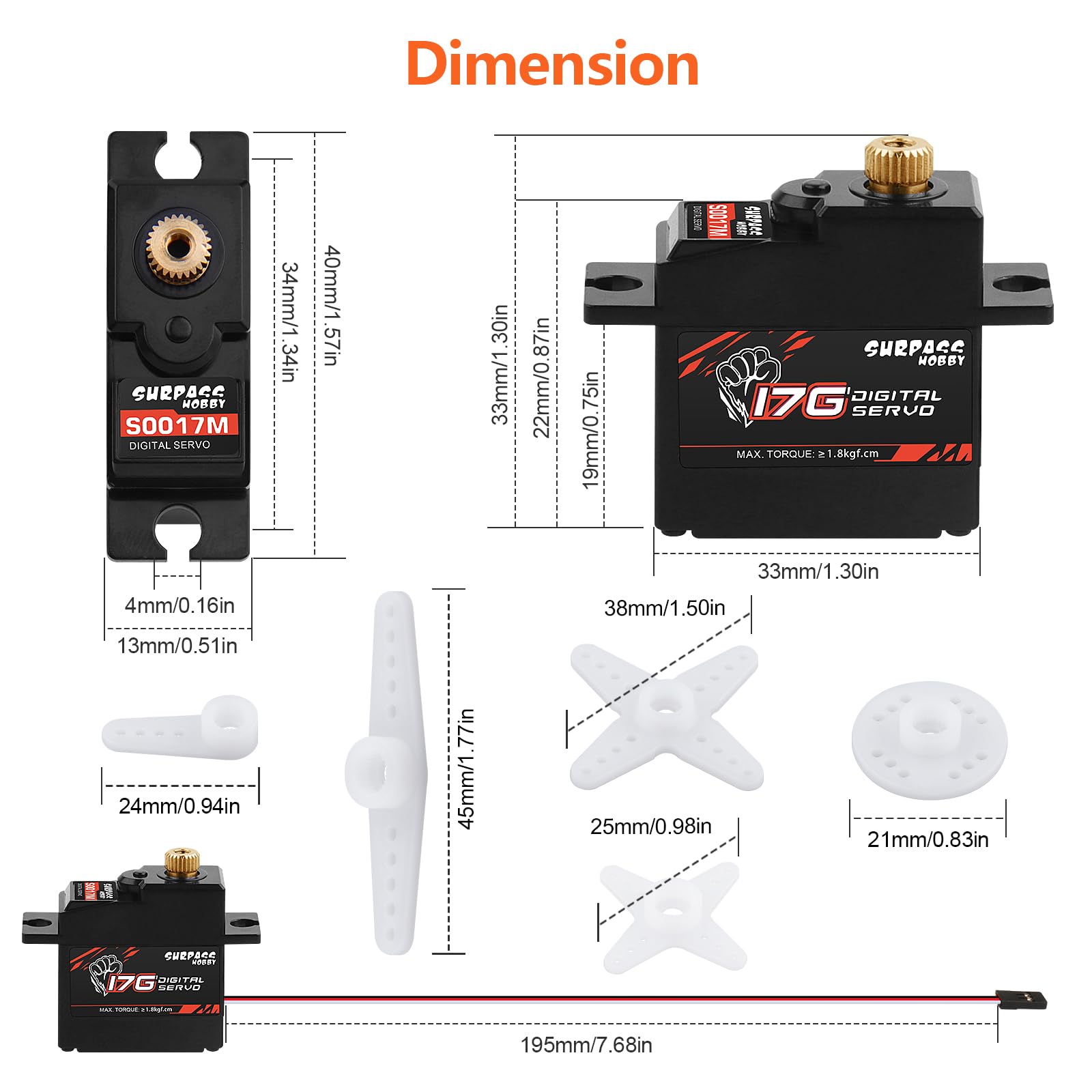 4 piezas de engranajes de metal de 17 g, servo digital de 1,8 kg para avión, robot RC 1/18 1/16, camión, coche, barco, conducto de avión