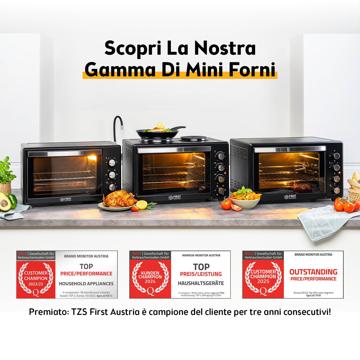 TZS First Austria - Mini Forno con fornelli 45L 3200 W - Fornetto per pizza con piastre fino a 230°C e rivestimento antiaderente - Multiforno con 4 altezze di inserimento e accessori di alta qualità