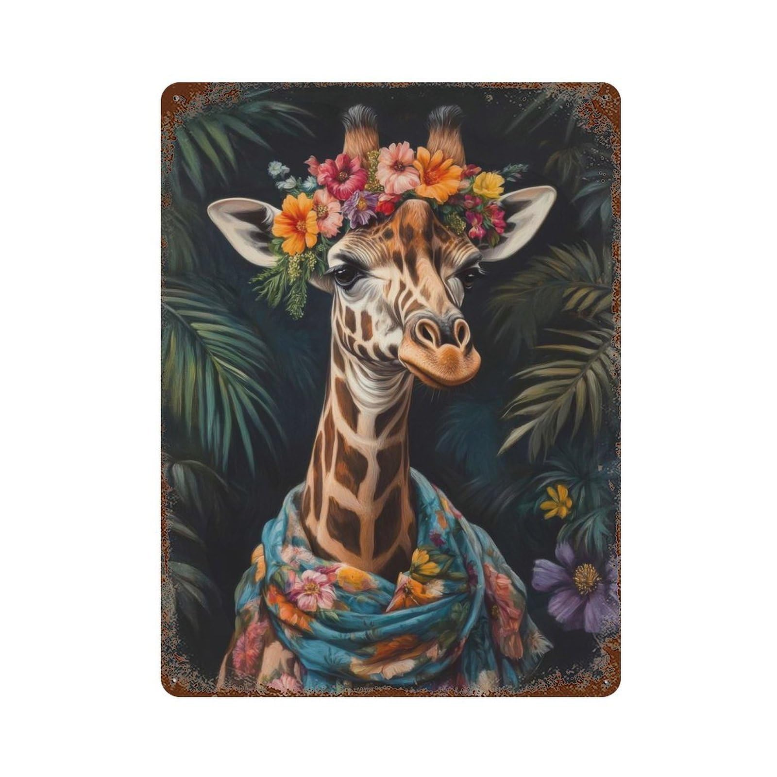 Rust Effect Giraffe in Floral Attire Vintage Rust Metal Sign 15.7"x11.8", Classic Wall Plaque for Shed, Workshop And Garage Wall Decor
