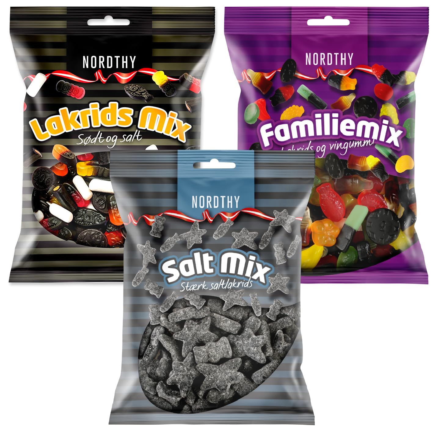 Nordthy Lakritz Mix 3er Set – Salzlakritz stark, Lakritzmix süß & salzig & Familienmix – 3×170 g dänische Lakritz