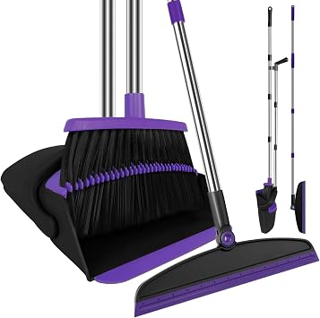 مكنسة مع مجموعة Dustpan كومبو ومجموعة مكنسة الهواء سيليكون، ممسحة أرضية بمقبض طويل 51 بوصة، طقم منزلي أرجواني لسجاد النافذة الزجاجية منزل شعر الحيوانات الأليفة