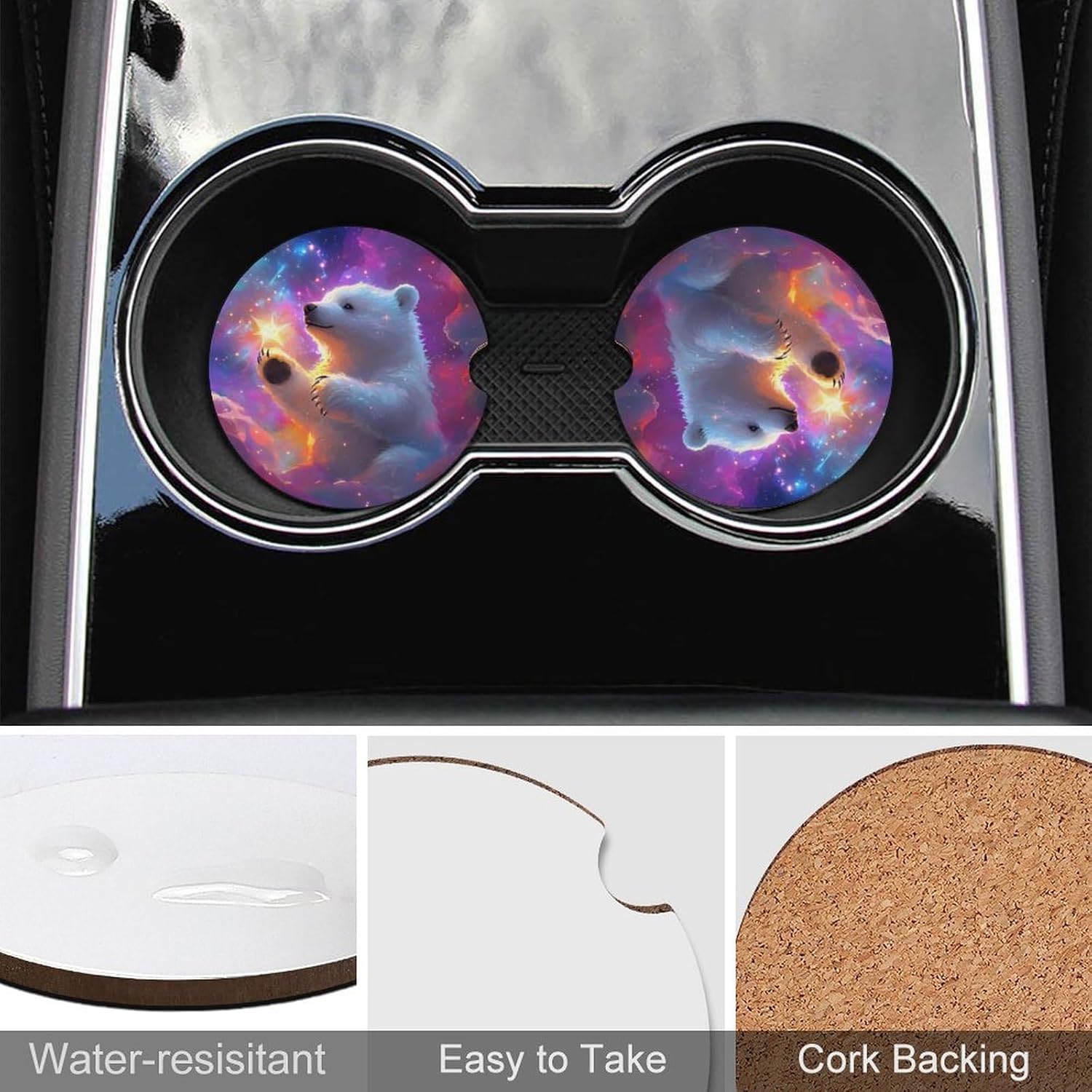 Polar Bear and Stars Cute Car Coasters 2.56 Inch Absorbent Cup Holder for Drinks Auto Interior Accessories