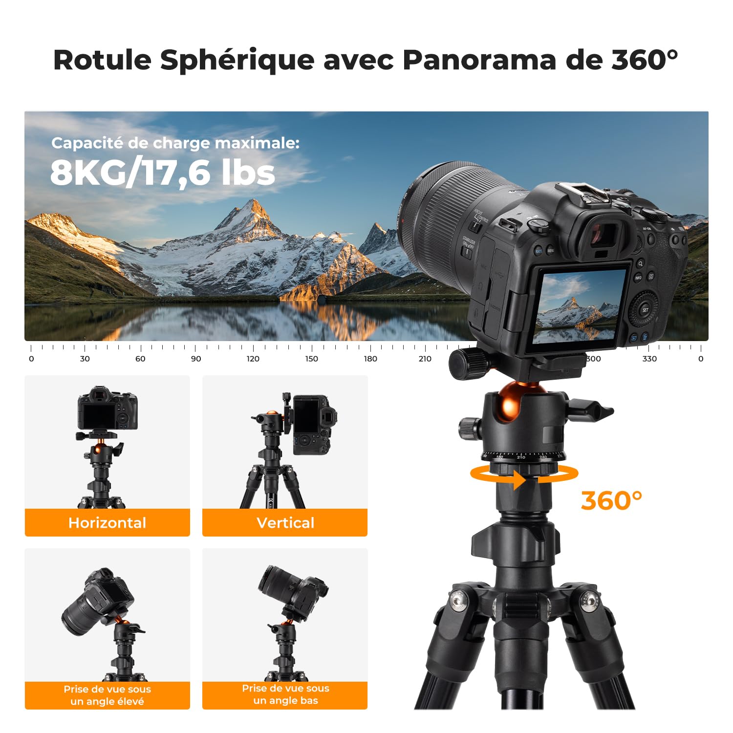 K&F CONCEPT Trépied d'appareil Photo et Smartphone avec Bras d'extension 195cm, Aluminium léger et Compact, Compatible avec Canon Nikon Sony DSLR iPhone Samsung, Tête sphérique à 360°, 8kg Charge Max