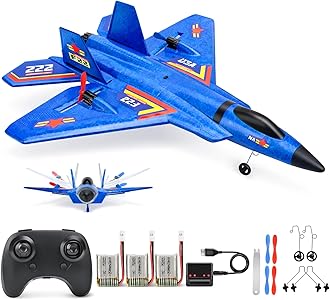 Remote Control Plane F-22 Raptor, 2.4GHz Durable Foam Rc Airplane with Smart Gyro/LED Lights/3 Rechargeable Batteries, RC Jet Glider Toy Gift for Kids Boys Girls 8-16 Year Old (Blue)