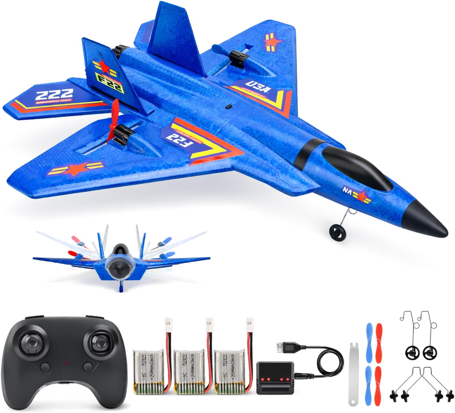 ANTSIR Remote Control Plane F-22 Raptor, 2.4GHz Durable Foam Rc Airplane with Smart Gyro/LED Lights/3 Rechargeable Batteries, RC Jet Glider Toy Gift for Kids Boys Girls 8-16 Year Old (Blue)