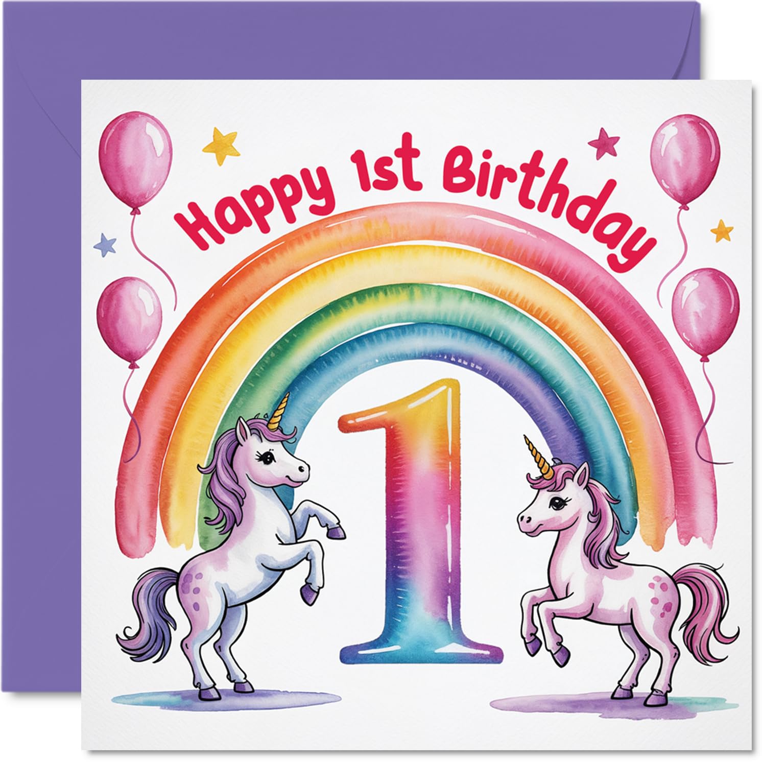 Cute 1st Birthday Card - Bursting with Birthday Magic - Unicorns, Rainbows and Balloons Pop with Colour - Sure to Delight Little Ones - 145mm Square, Envelope Included