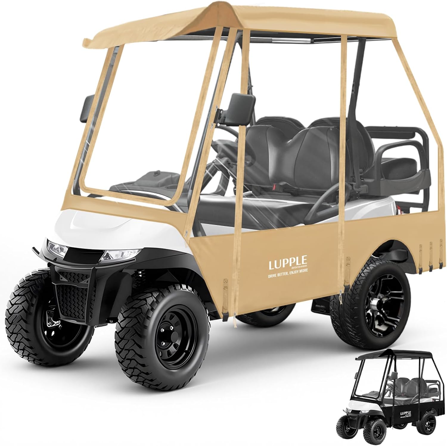 4 Passenger Golf Cart Enclosure for EZGO TXT RXV – Short Roof 59" Enclosure, 2+2 Seater Winter Weather Protection with 600D Waterproof Windproof Oxford & 4-Sided Clear PVC Zippered Doors (Black)