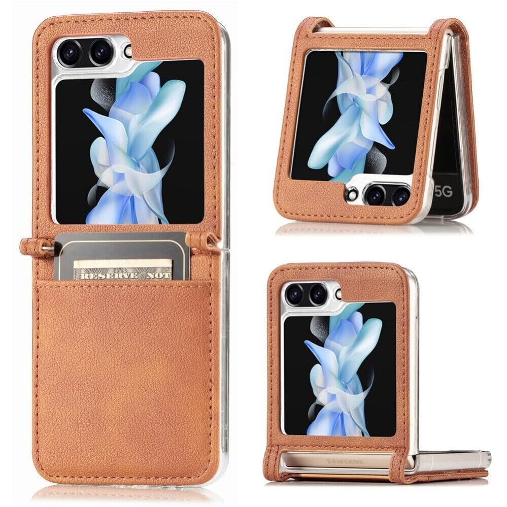 Étui Galaxy Z Flip 3 antichoc : coque portefeuille cuir marron avec fente carte