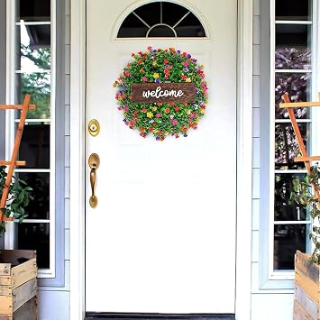 Colourful House Door Wreath, Welcome Sign Front Door Summer Wreath All Year Round Artificial Wreath Decoration Spring Door Sign for Front Door Home Door Window Wall (Color)