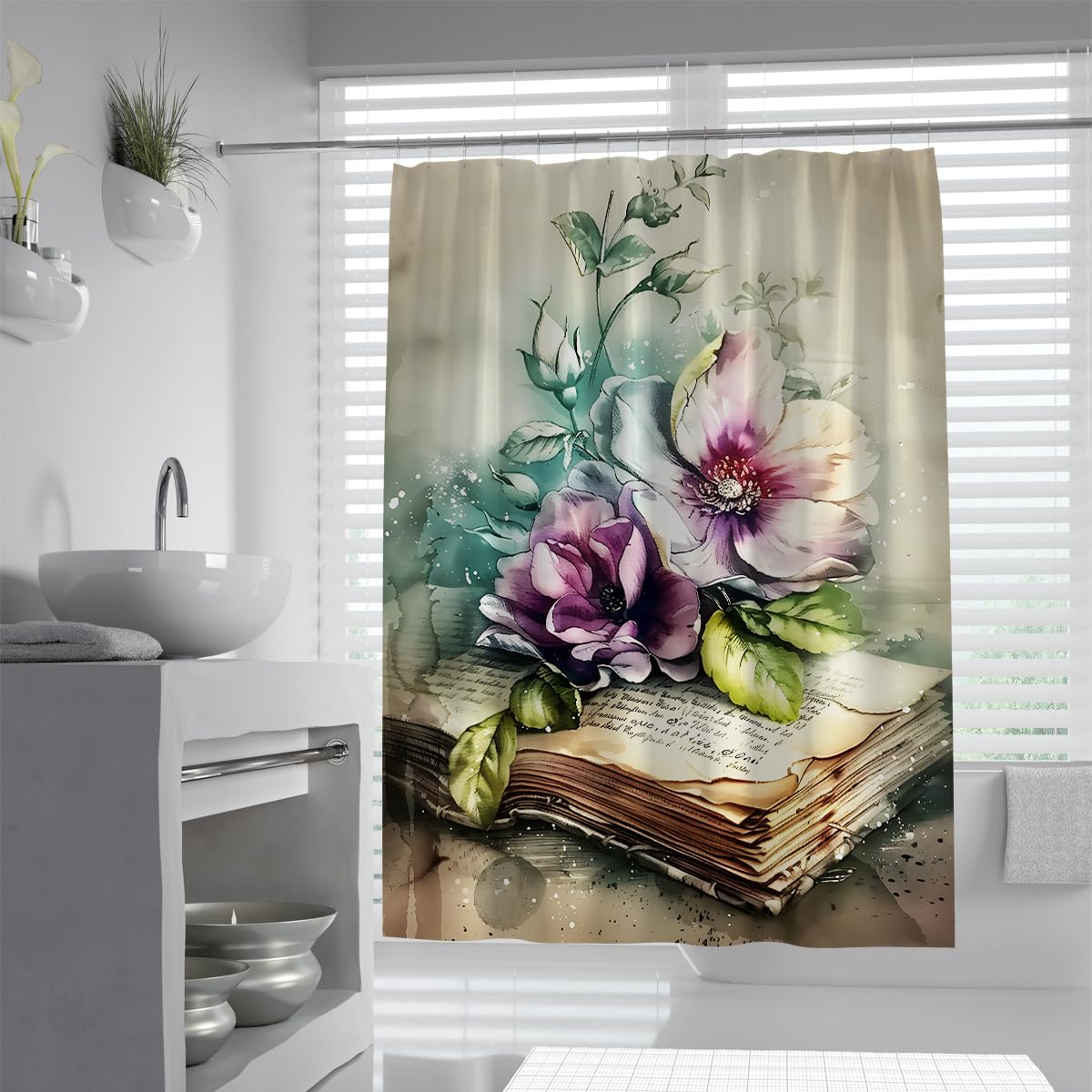 UIRINGART Vintage Book Floral Shower Curtain W100xL180cm Retro Botanical Painting Anti Mould Waterproof Polyester Fabric Washable Bathroom Curtain