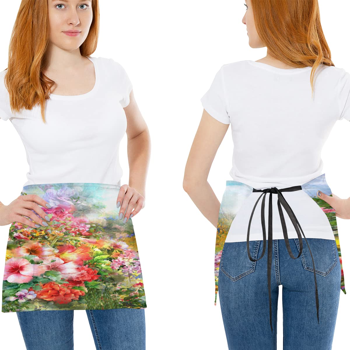 bisibuy Multicolored Flowers 3 Pack Server Aprons with 3 Pockets, Beautiful Waitress Waiter Wasit Apron for Women Men Restaurant Bistro Cafe Bars Half Aprons Waitress Server Accessories