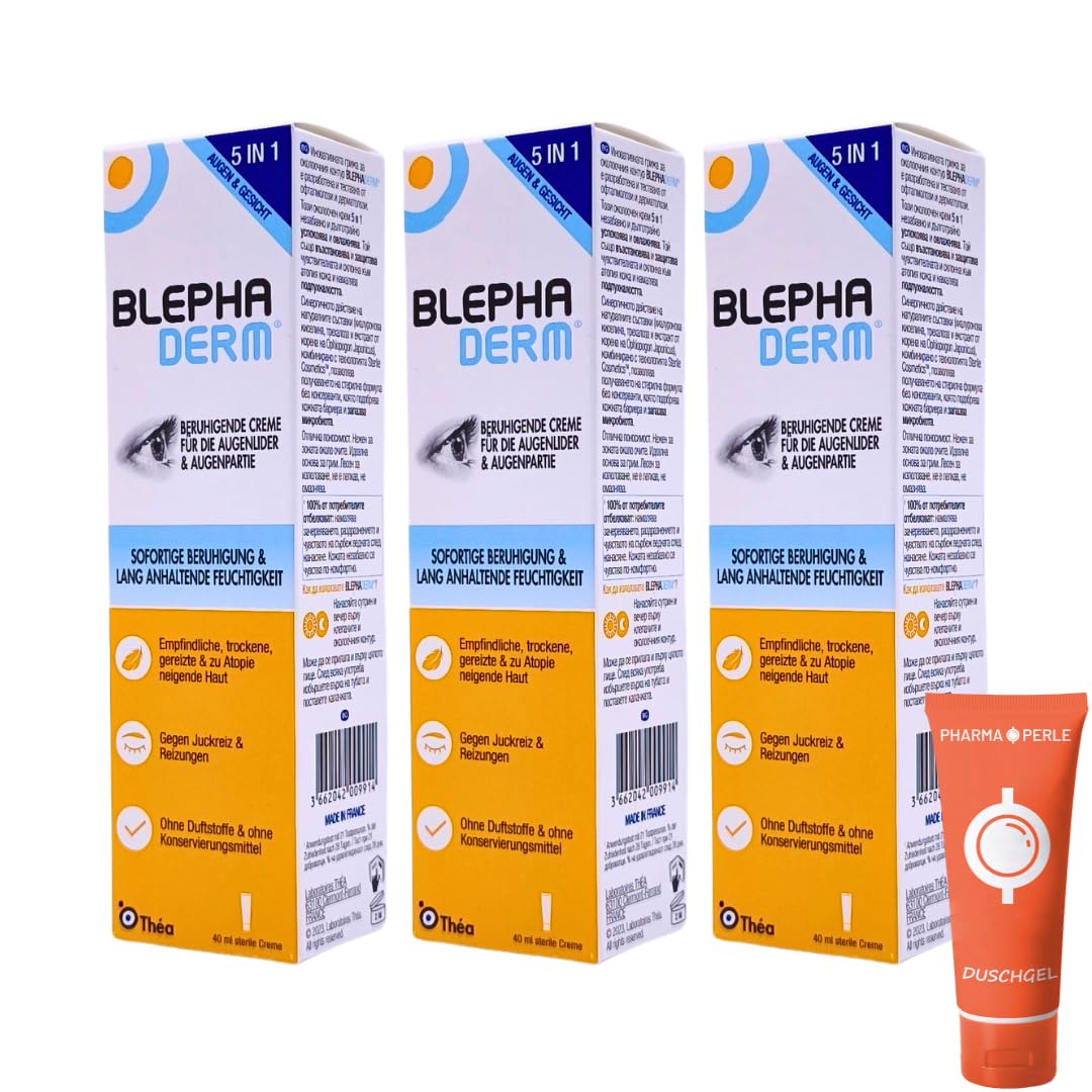 BLEPHADERM Beruhigende Creme für Augenlider & Augenpartie 3x 40 ml | Sterile Augenpflege | Für empfindliche & trockene Haut | Ohne Duft- & Konservierungsstoffe | parfümfrei I mit Pharma Perle Duschgel