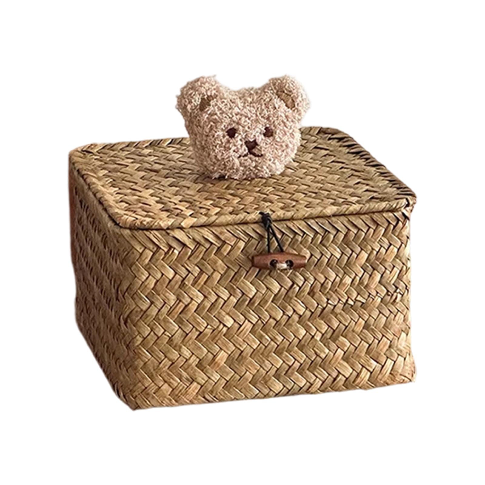 Whoasyst Woven Seagrasses Basket with Dustproof Cover and Lovely Bear Ornament Natural Woven Storage Box Storage Basket Natural Box