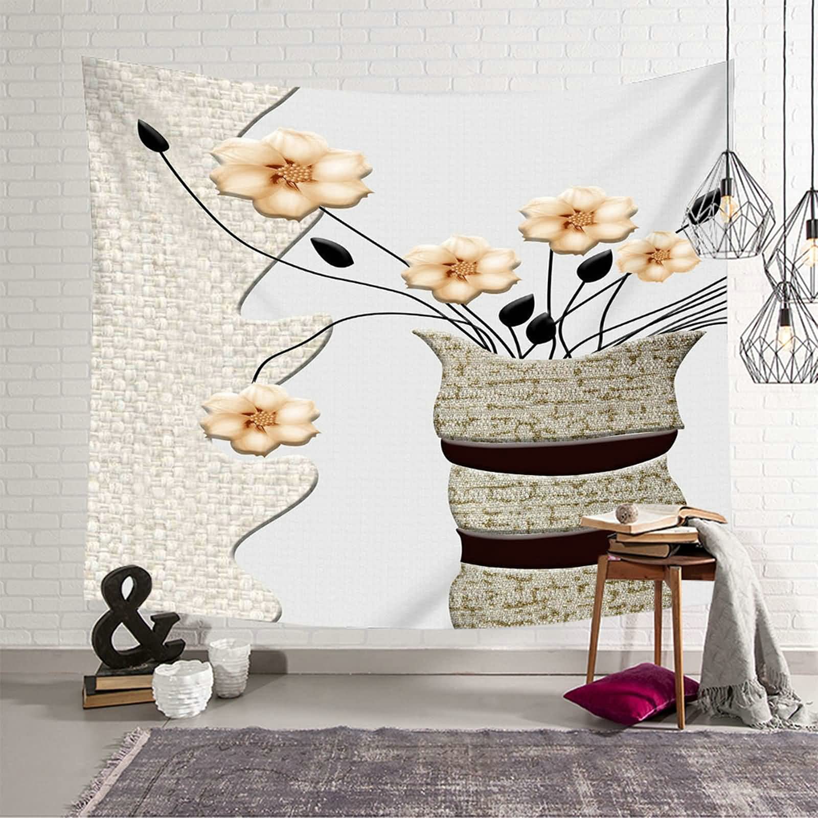 Tapiz de pared con flores en jarrón, decoración de pared, de poliéster, color caqui, 350 x 256 cm
