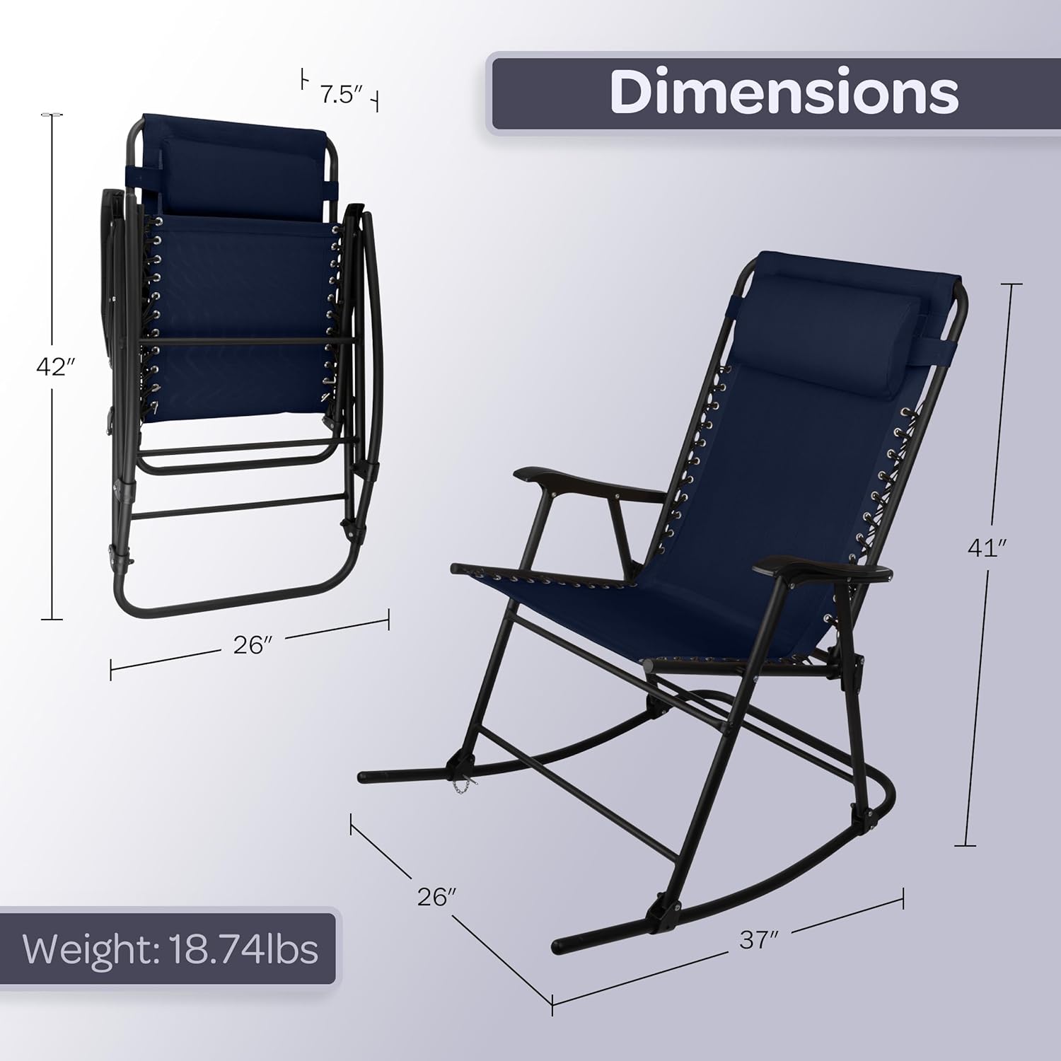 Folding Outdoor Rocking Chair - Zero Gravity Chair with Adjustable Pillow - Ergonomic Foldable Rocking Lounger Patio Furniture for Outside Lawn, Camping, or Front Porch by Lavish Home (Navy)