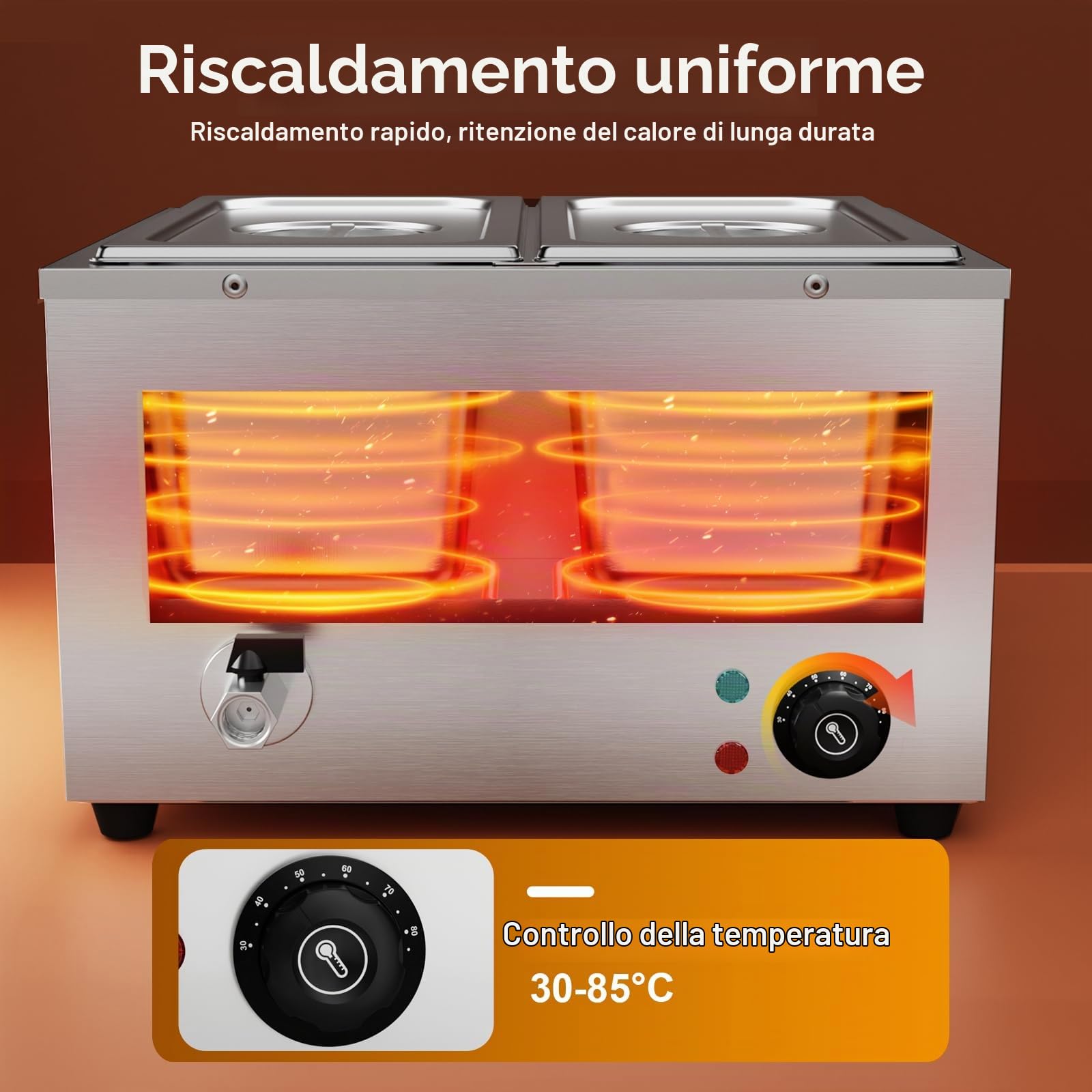 Scaldavivande professionale bagnomaria elettrico per buffet in acciaio inossidabile con 2 vassoi