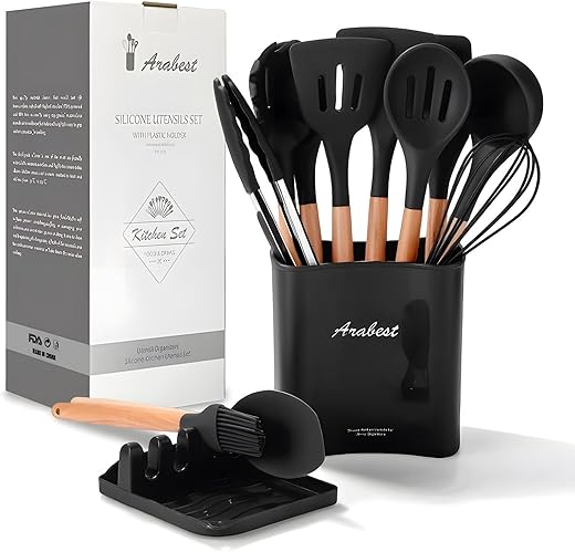 13-Piece Silicone Cooking Utensil Set with Wooden Handles