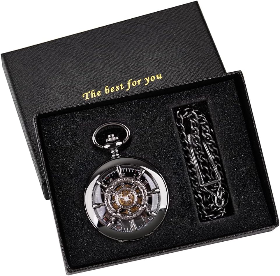 Men's Mechanical Pocket Watch Black Rudder Pattern Double Open Hollow Roman Numerals Pocket Watch