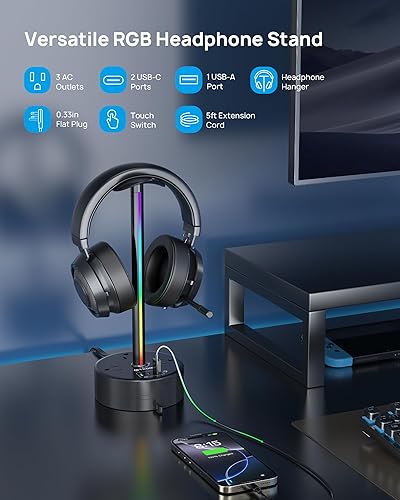 Miniatura 2 de TROND Soporte para auriculares con PD 20W USB C, soporte para auriculares RGB para juegos con 3 salidas de CA, 2 USB-C y 1 USB-A, cable de extensión