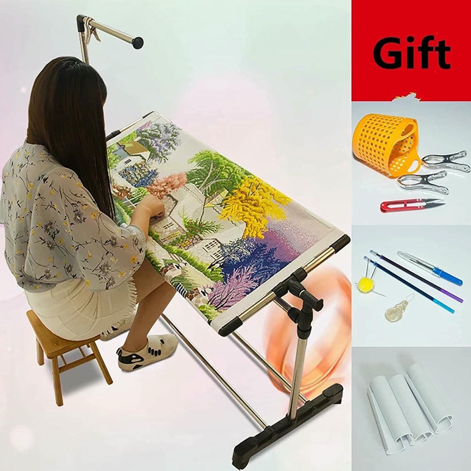 Bastidor de Suelo con Ruedas para Manualidades, Mesa de Bordado de pie, Soporte de Acero Inoxidable para Punto de Cruz, para Costura y Manualidades.