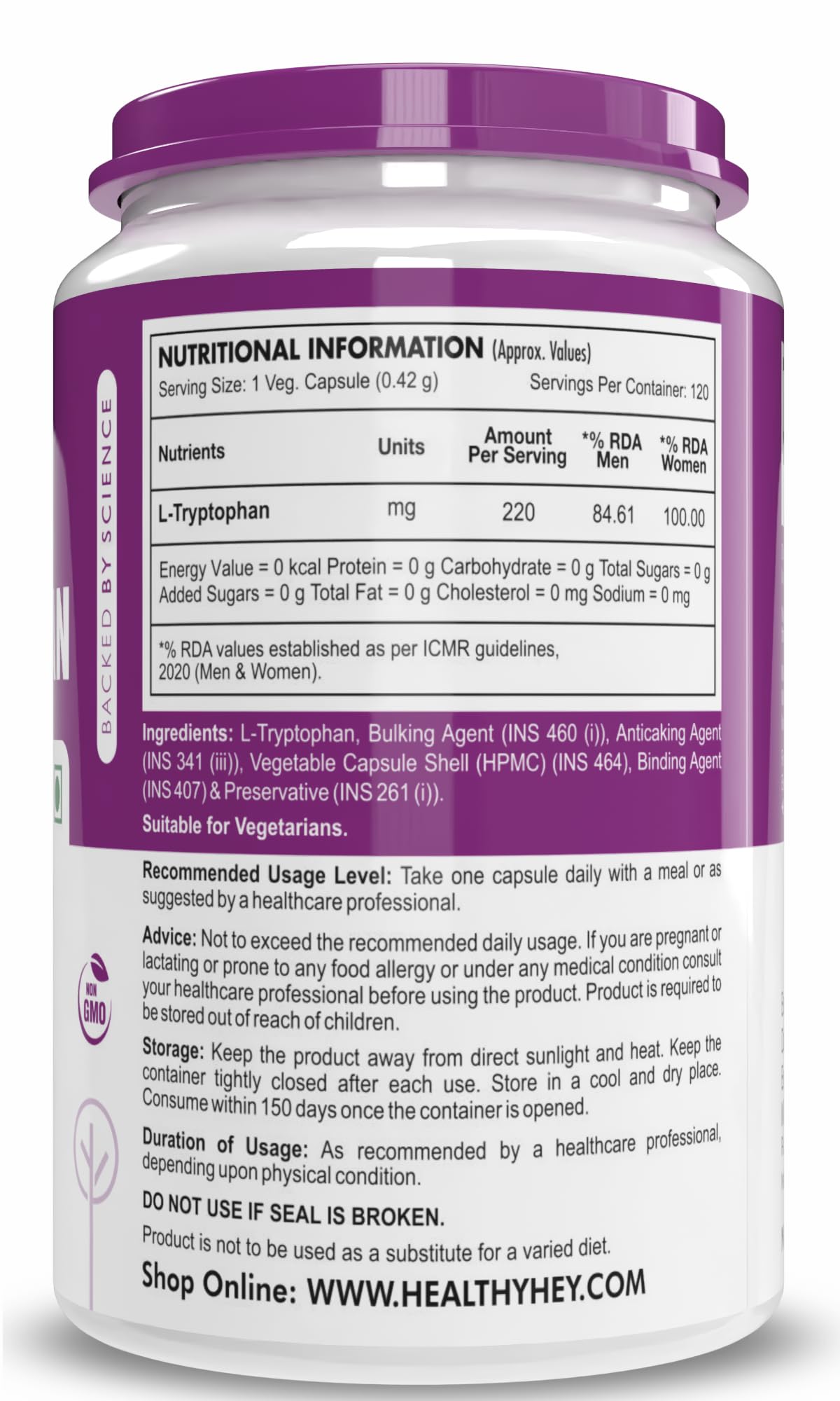 HealthyHey Nutrition L-Tryptophan - 120 Veg Capsules