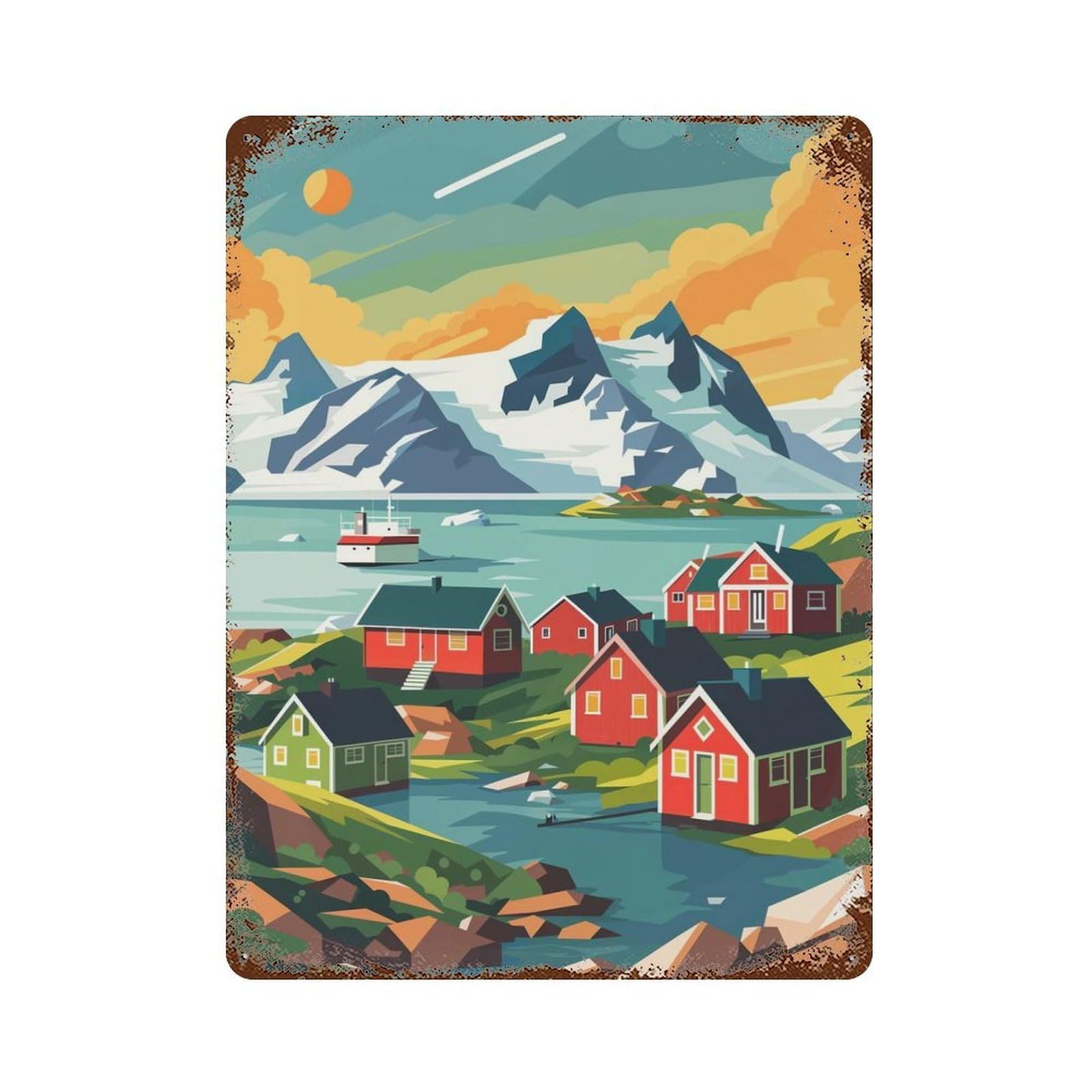 Aged Metal Wall Plaque with Greenland Village Landscape Design 15.7"x11.8", for Pub, Kitchen And Man Cave Decor, Shabby Chic Decor