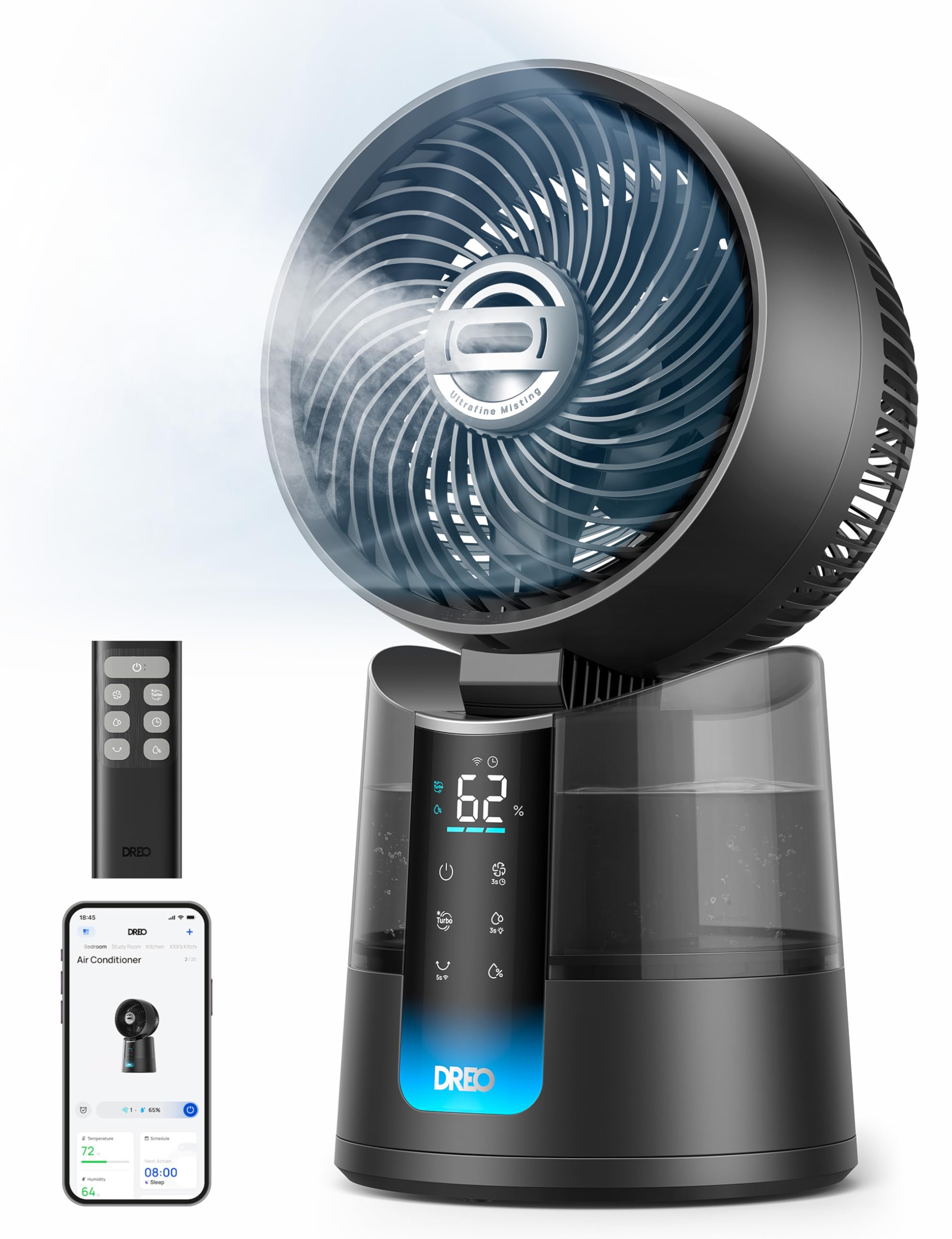 DREO TurboCool Ventilateur 516S, ventilateur de table oscillation 150° + 30°, rafraîchisseur d’air 7,9 m/s, brume ultrafine, silencieux 20 dB, 6 vitesses, 2 modes, contrôle app & télécommande.