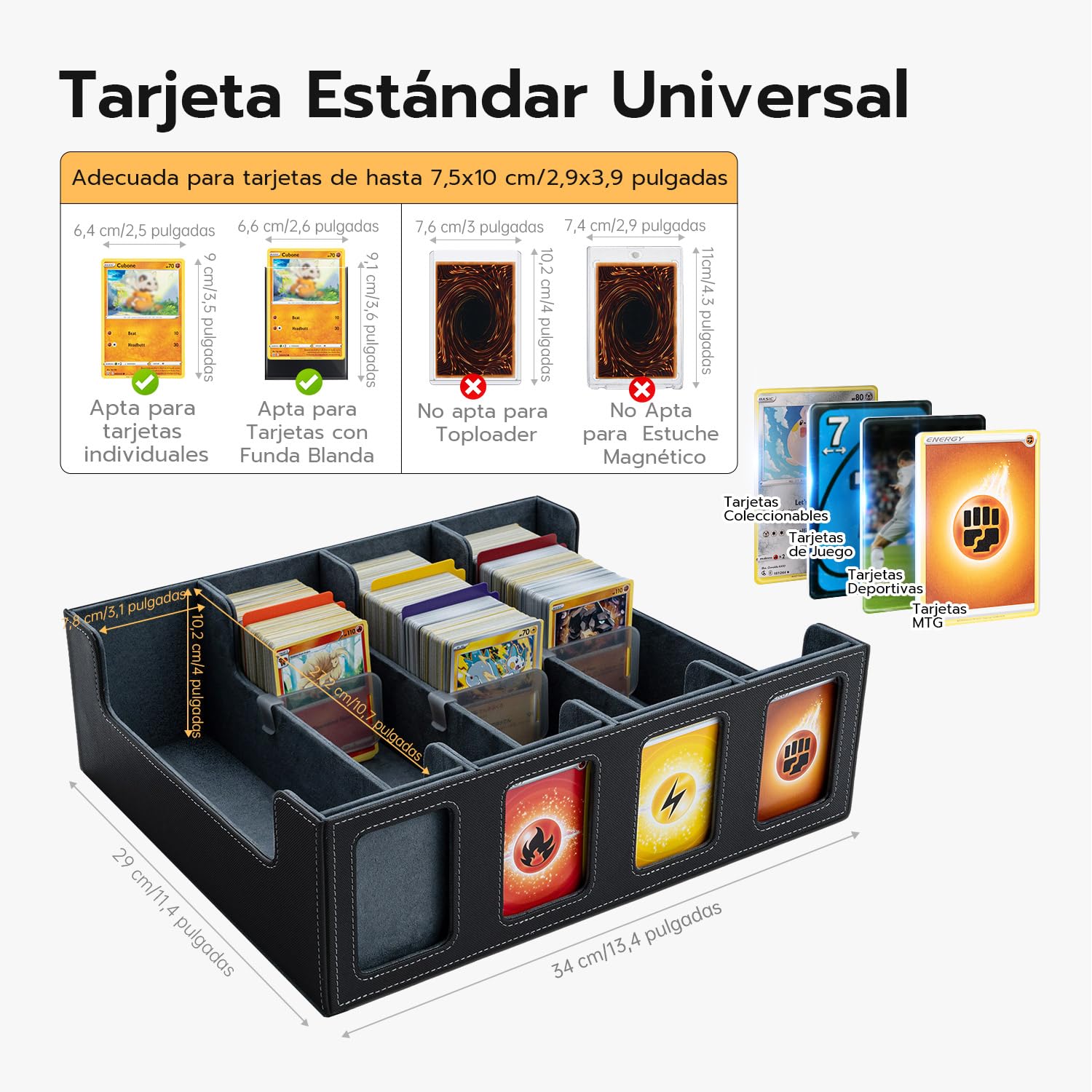Caja de Cartas para MTG, 4 filas Deck Box para más de 3200 tarjetas, caja de solapa magnética con cuero PU para tarjetas Magic Commander TCG con 12 separadores multicolores y 8 clips Negro